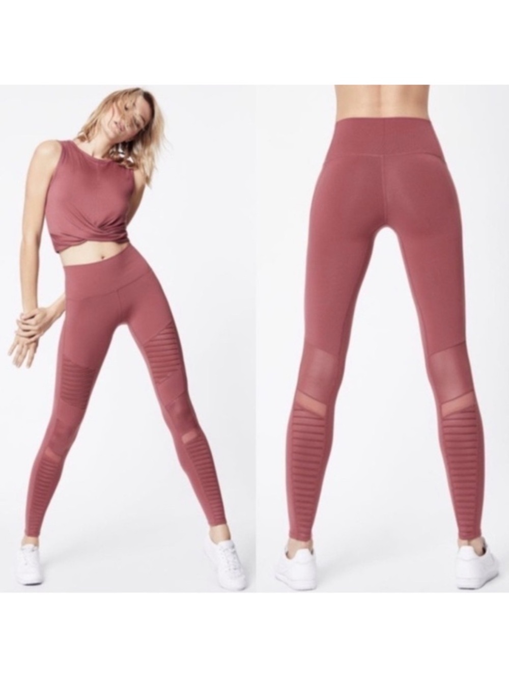 ALO Yoga Moto High Waist Ribbed Mesh Panel Leggings Cherry Sz Small Yoga Gym